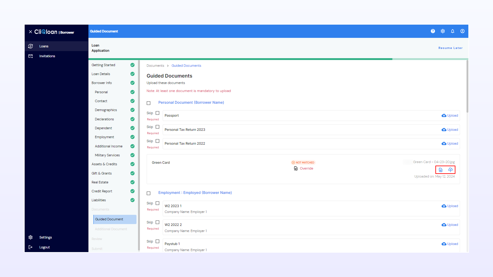 CliQloan loan file documents tab showing required documents and their status