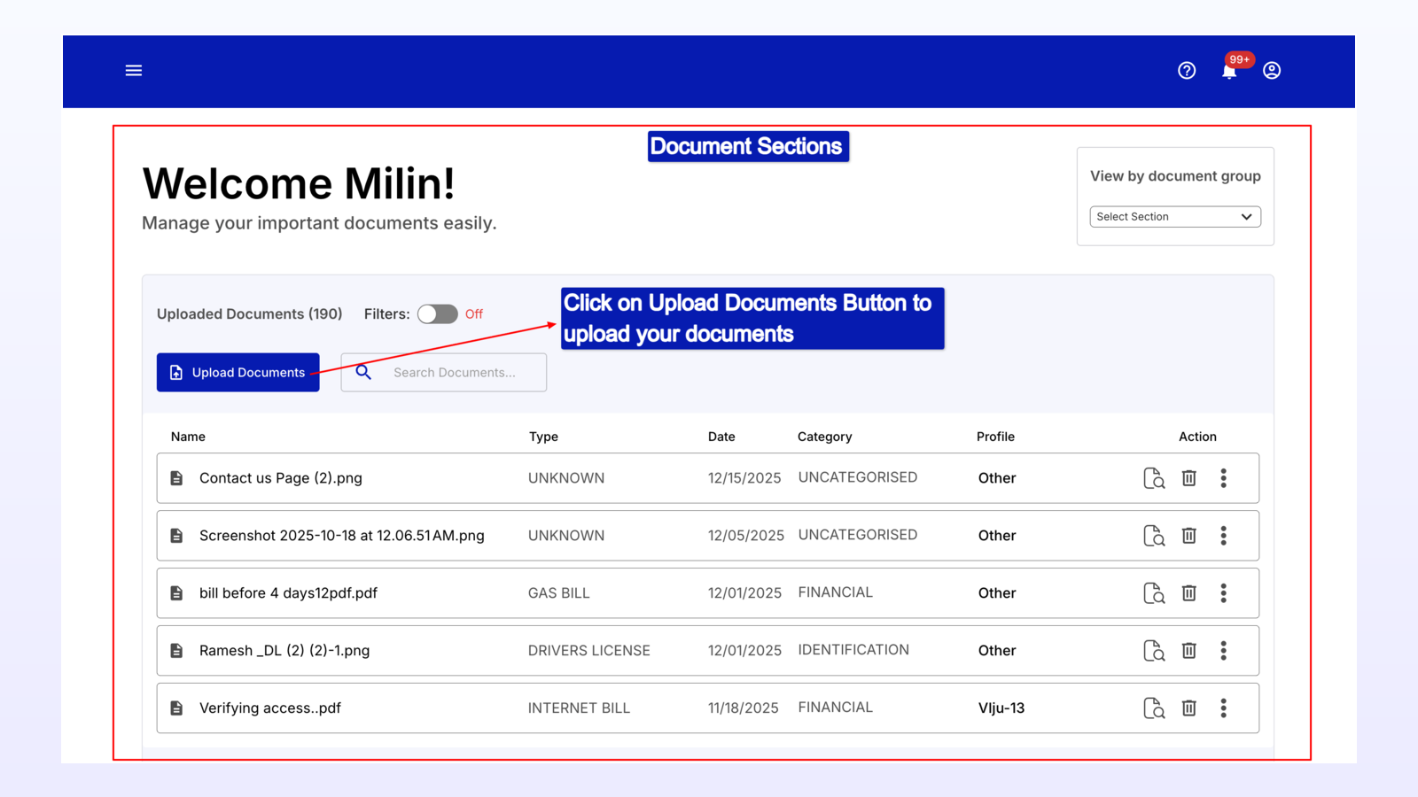 SafeVault dashboard showing a household's stored documents