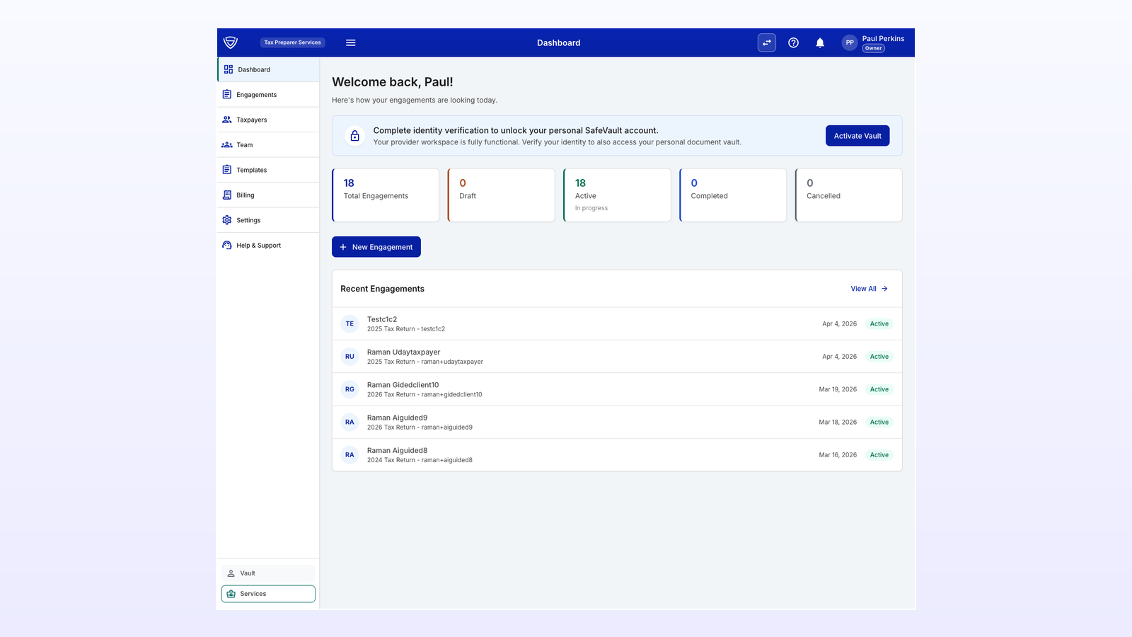 TaxFlo dashboard showing client engagements at different stages of the season