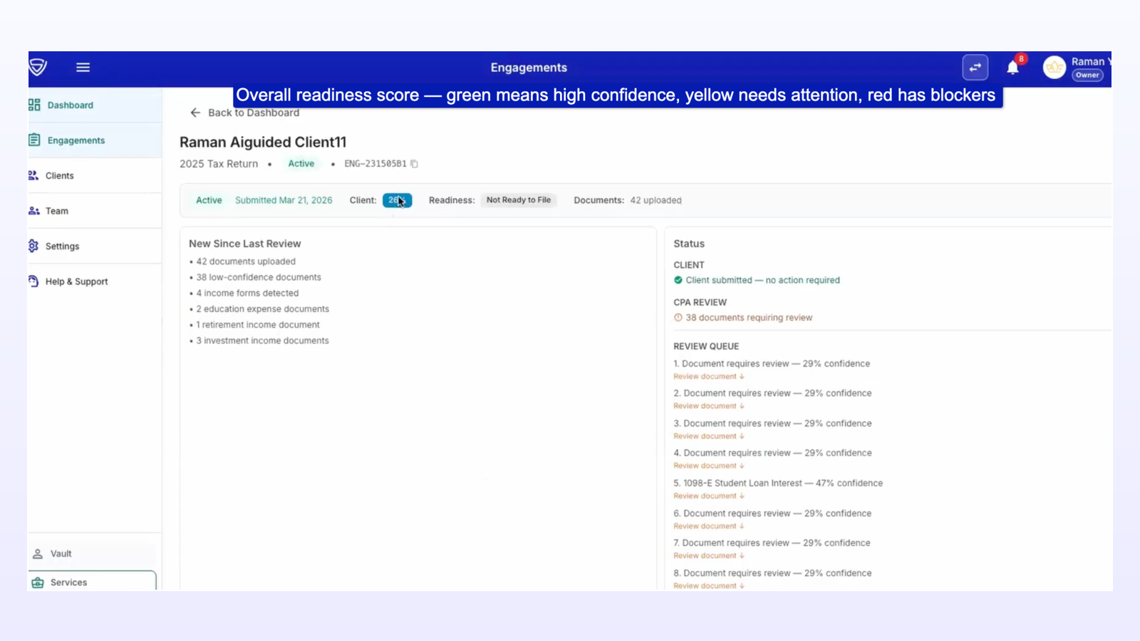 TaxFlo review panel where a preparer approves or overrides each suggestion