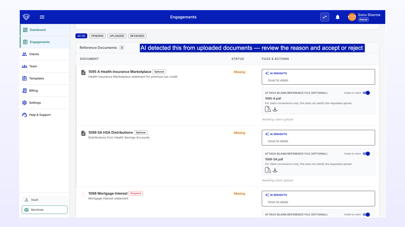 TaxFlo engagement documents tab showing a prior-year document offered for reuse