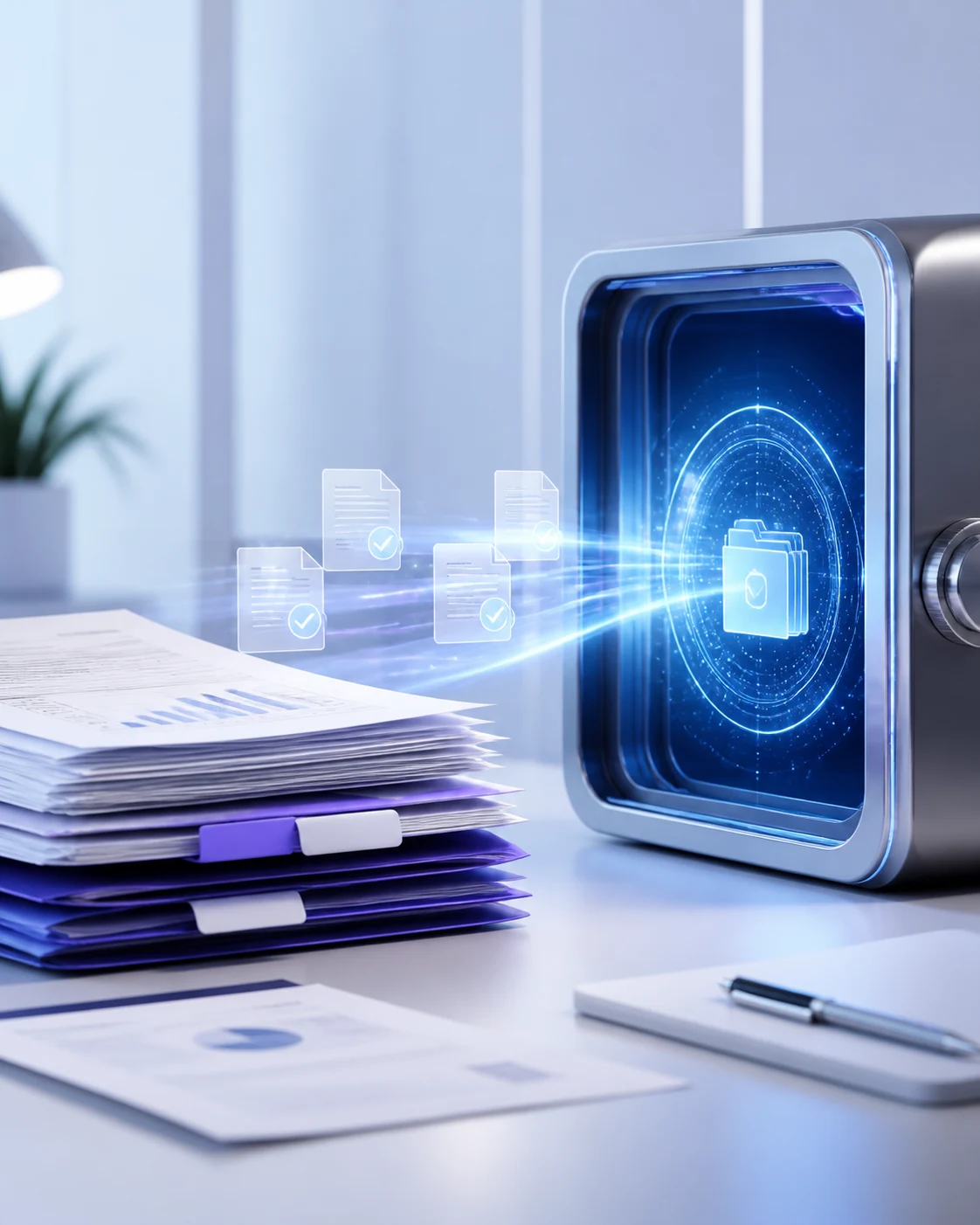 Organized tax documents moving through a secure digital workflow